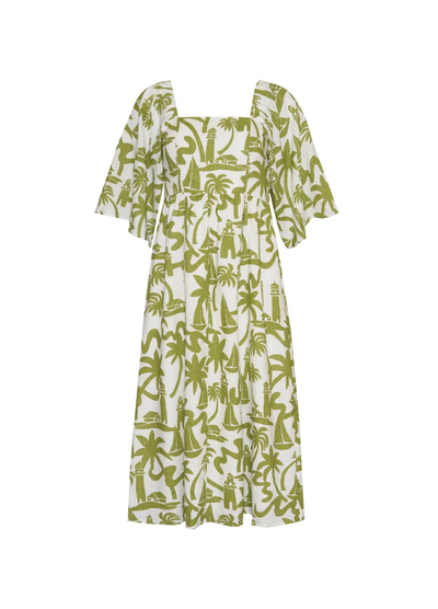 Model wearing the Dulce Midi Dress from Australian Brand Girl in the Sun in green and white lighthouse print