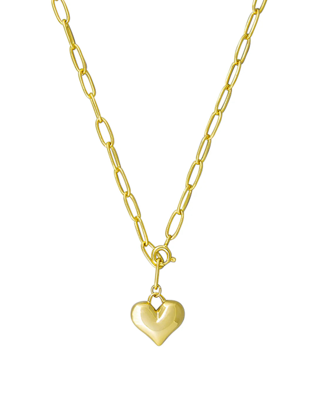 Gold heart-shaped pendant on a gold chain against a white background