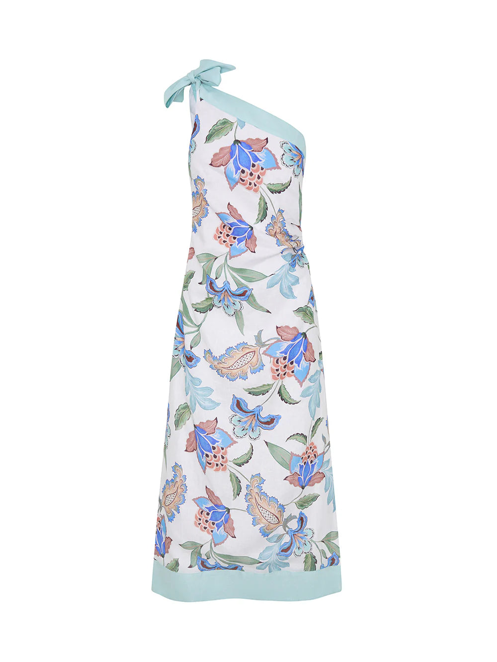 Woman wearing one shoulder floral print midi dress from Kivari Azure
