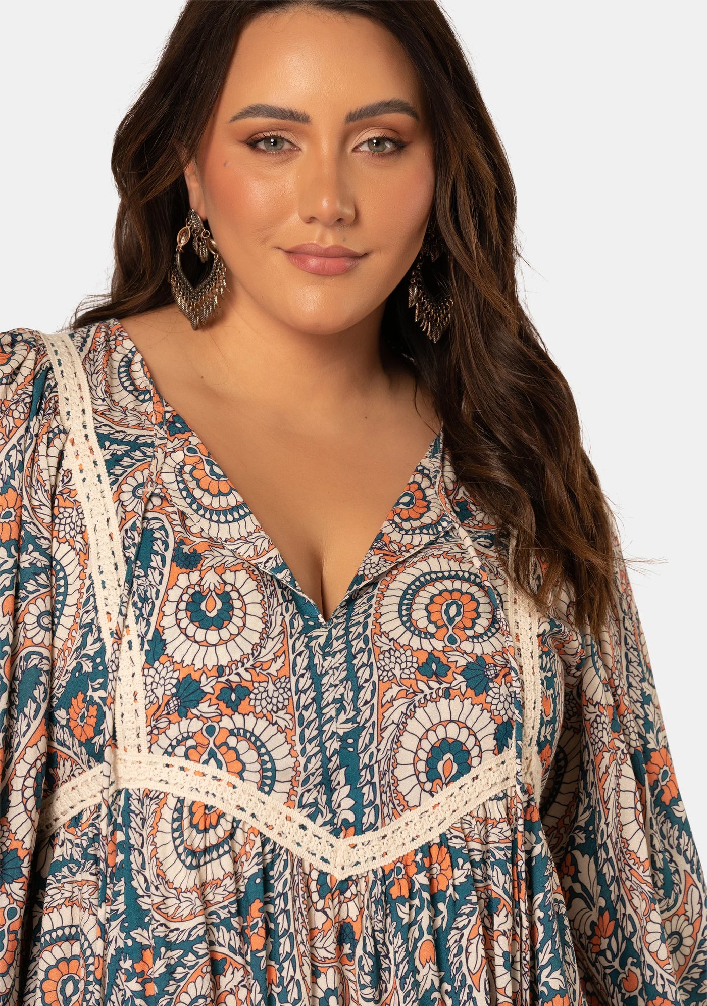 Model wearing curve boho mini dress 
