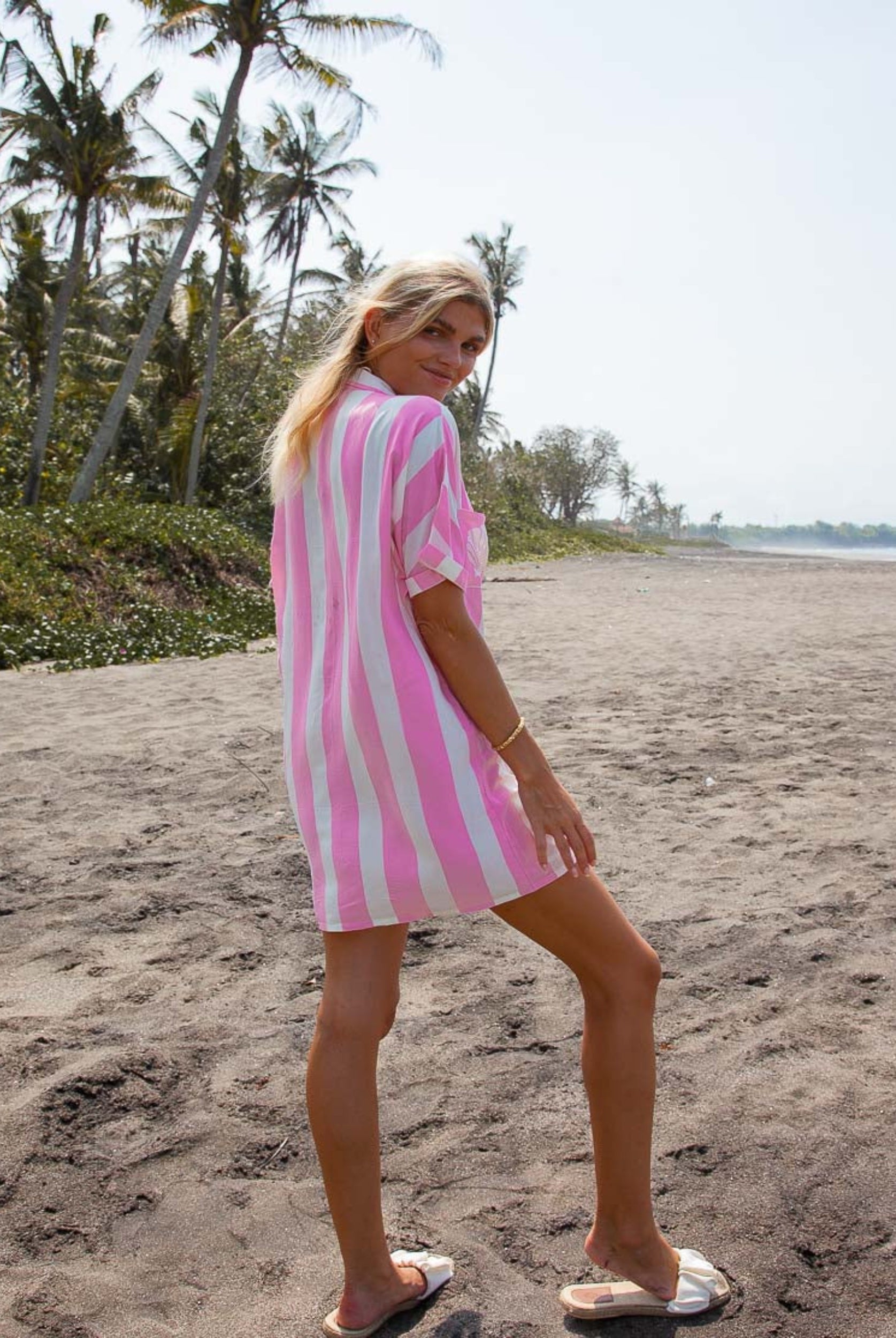 Pink and white stripe shirt dress with button front