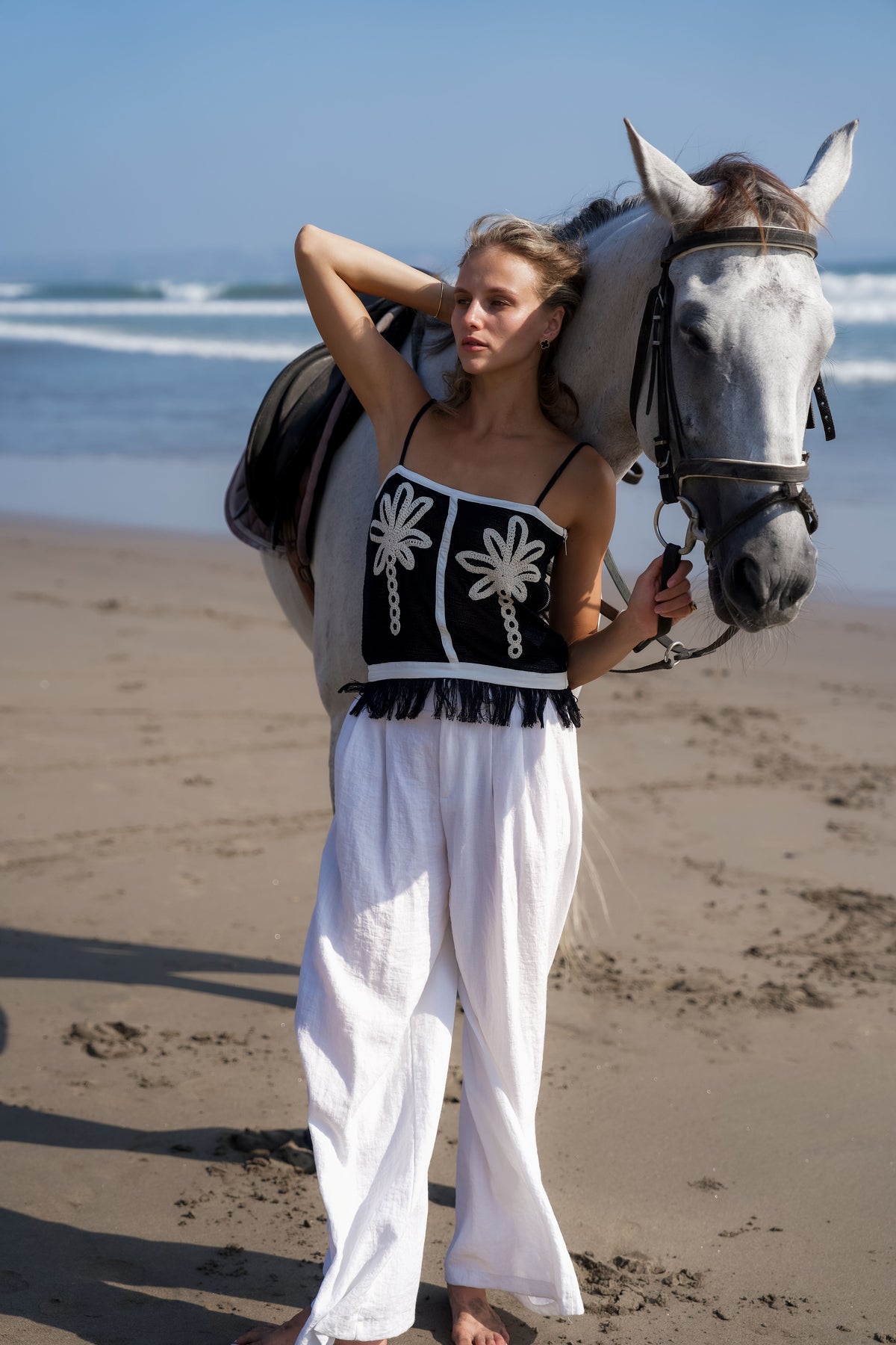 Palm Collective Palmetto Cami Top, black cami top with palm tree embroidery and fringe