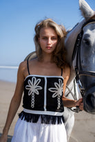 Palm Collective Palmetto Cami Top, black cami top with palm tree embroidery and fringe