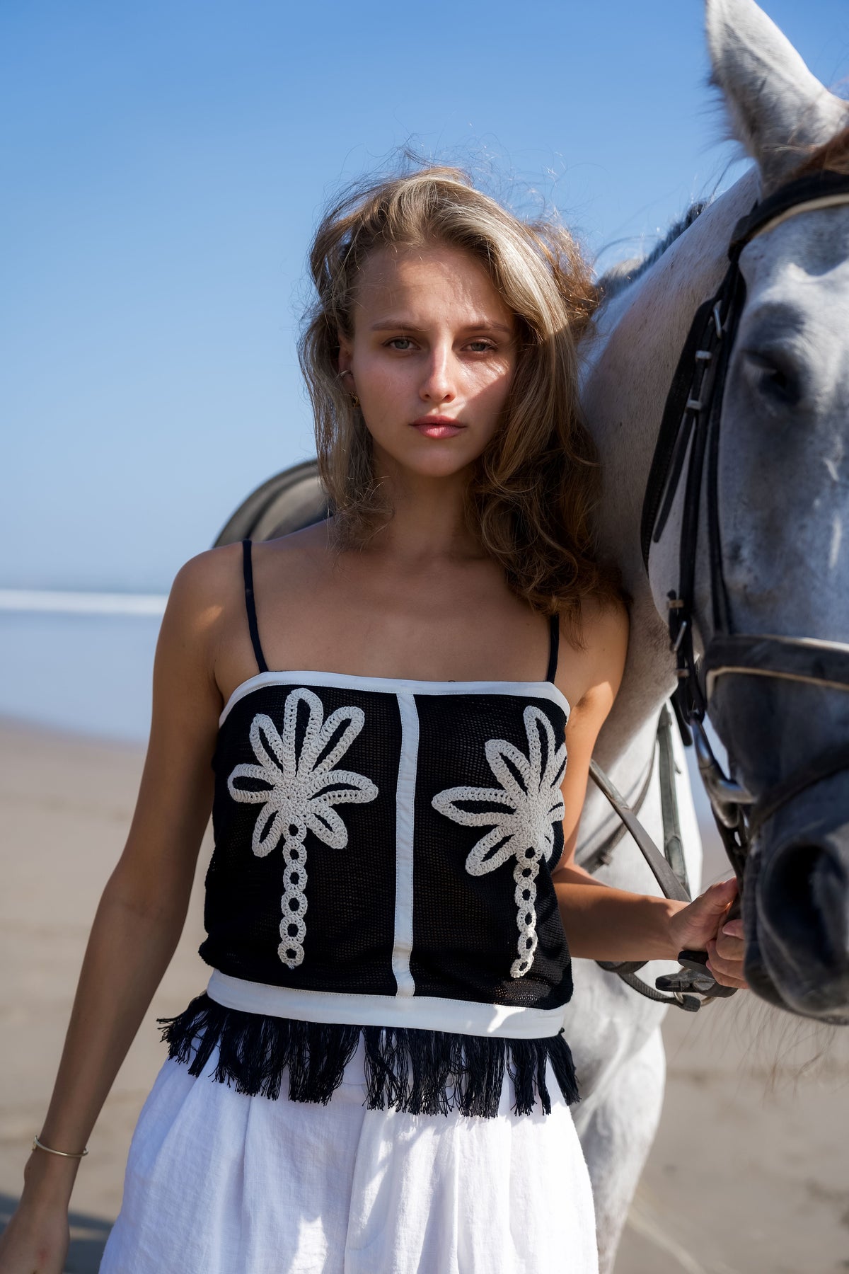 Palm Collective Palmetto Cami Top, black cami top with palm tree embroidery and fringe
