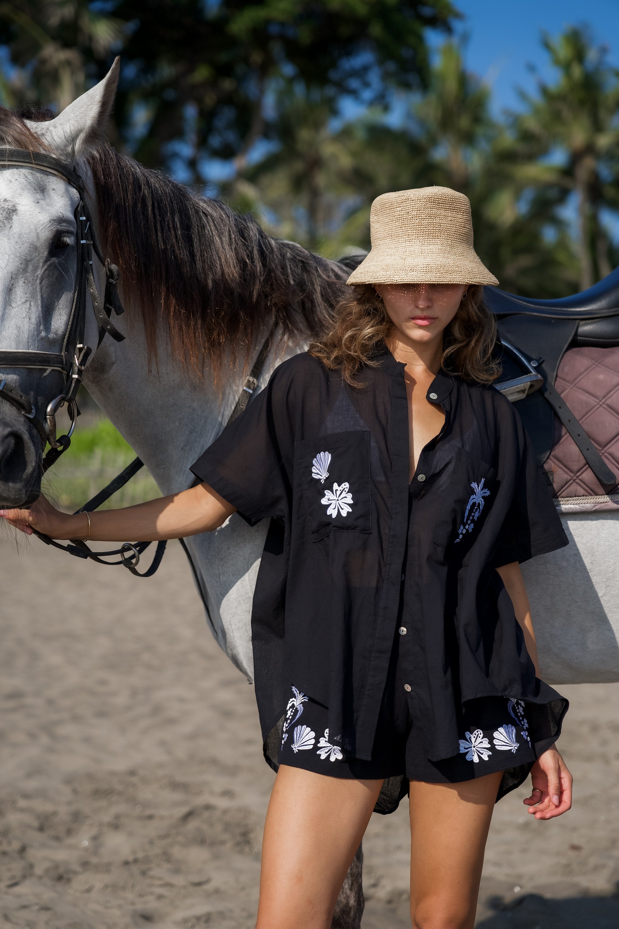 Palm Collective Paradiso Shirt, oversized black shirt with embroidery