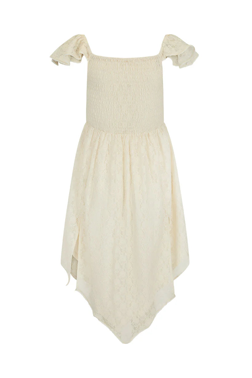 Beige dress with ruffled shoulders on a white background