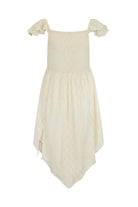 Beige dress with ruffled shoulders on a white background
