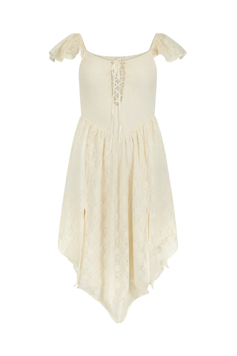 Cream-colored dress with lace details on a white background
