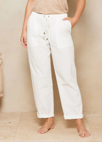 White Cotton beach pant from Tigerlily with patch pockets and a drawstring waistband