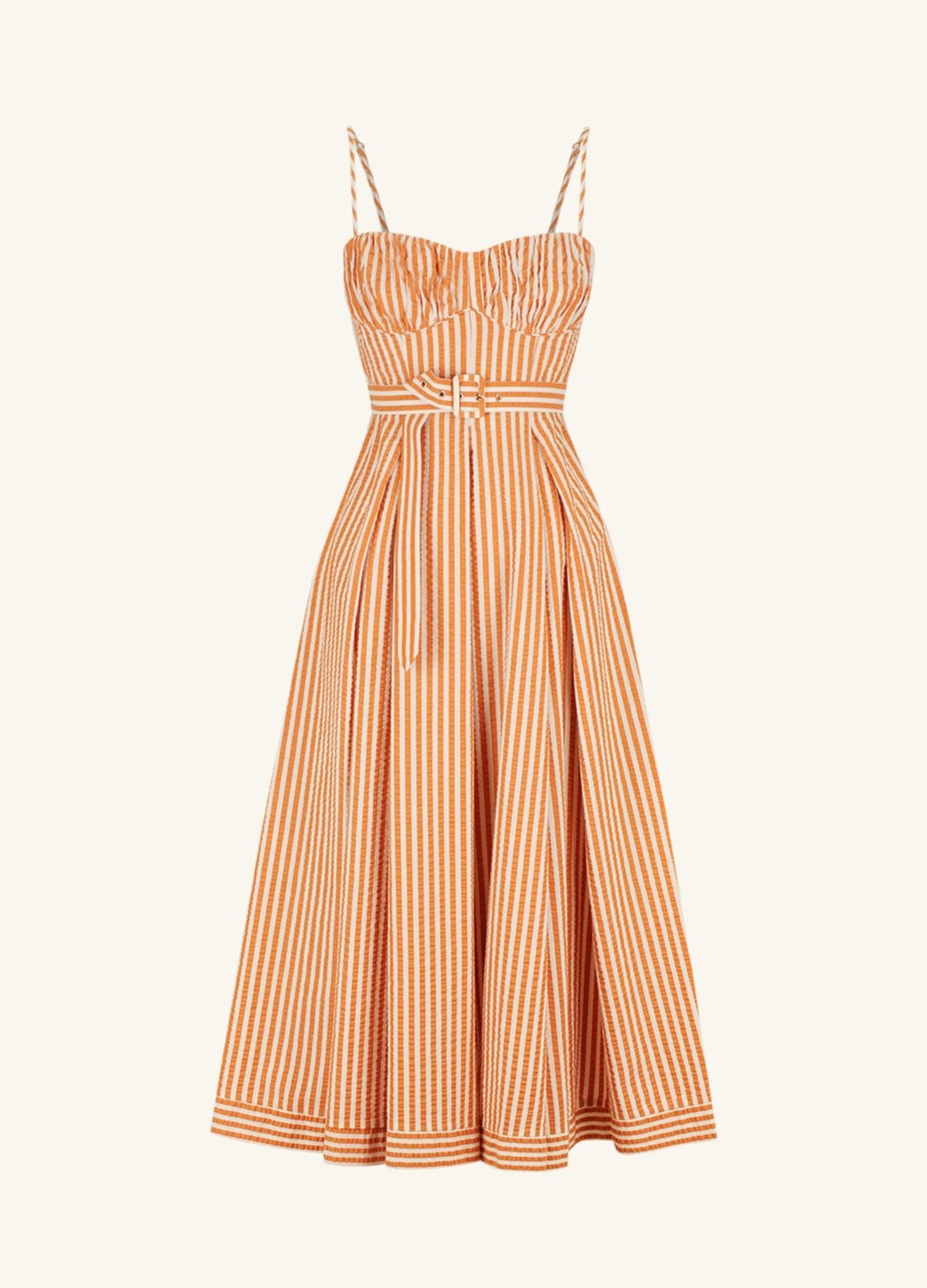 Shona Joy Hele Ruched Panelled Midi Dress in Tangerine and Ivory stripe