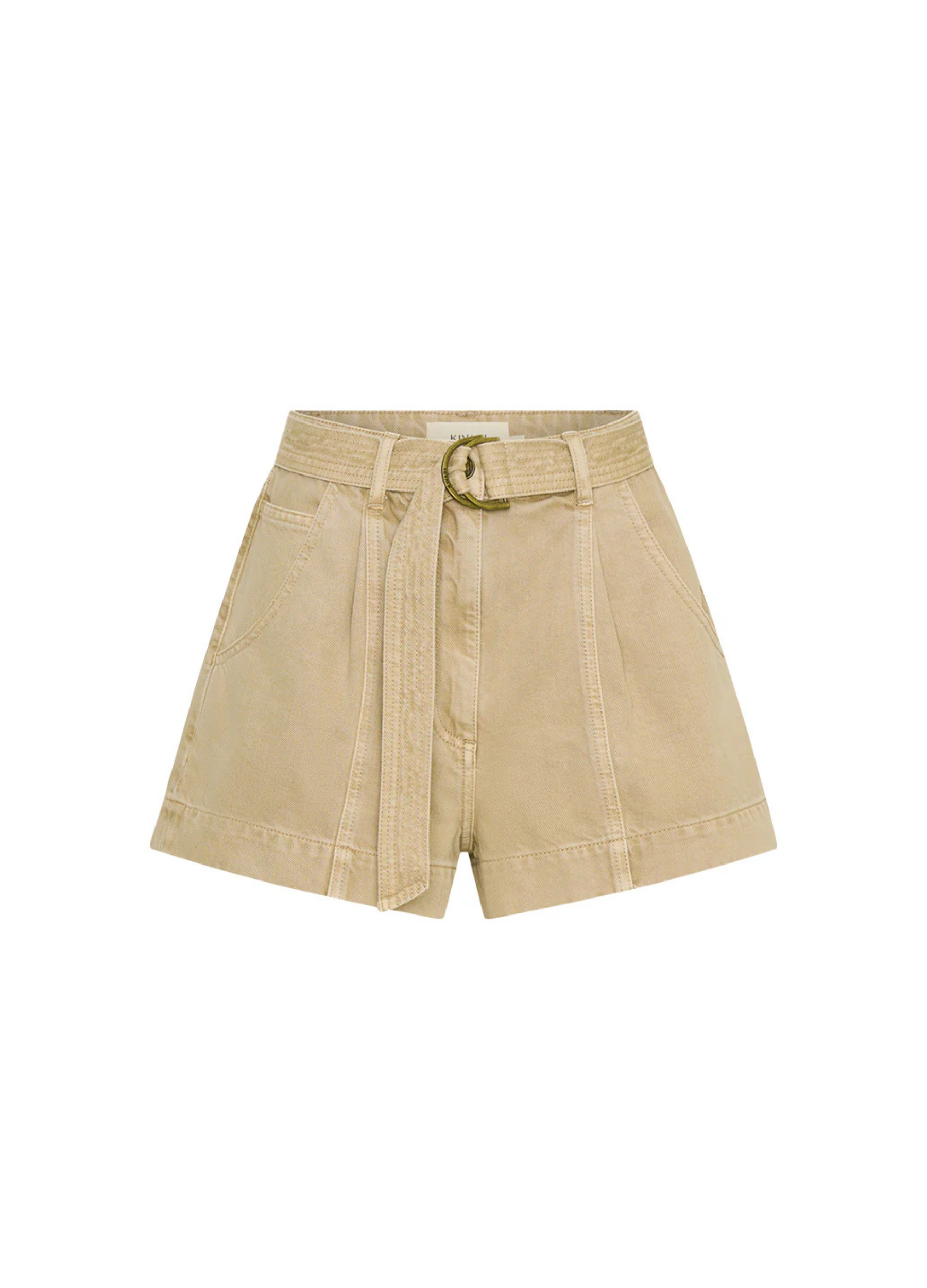 Neutral denim shorts with belt and gold hardware