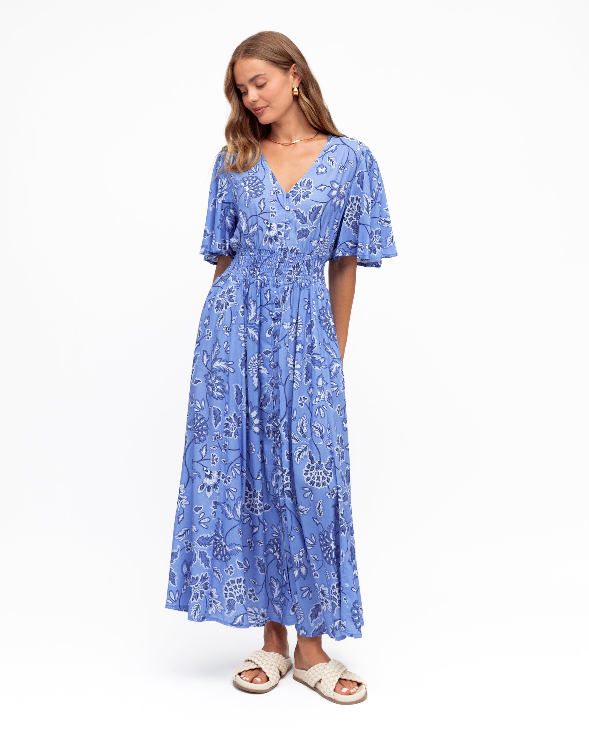 Blue and white maxi dress in floral print