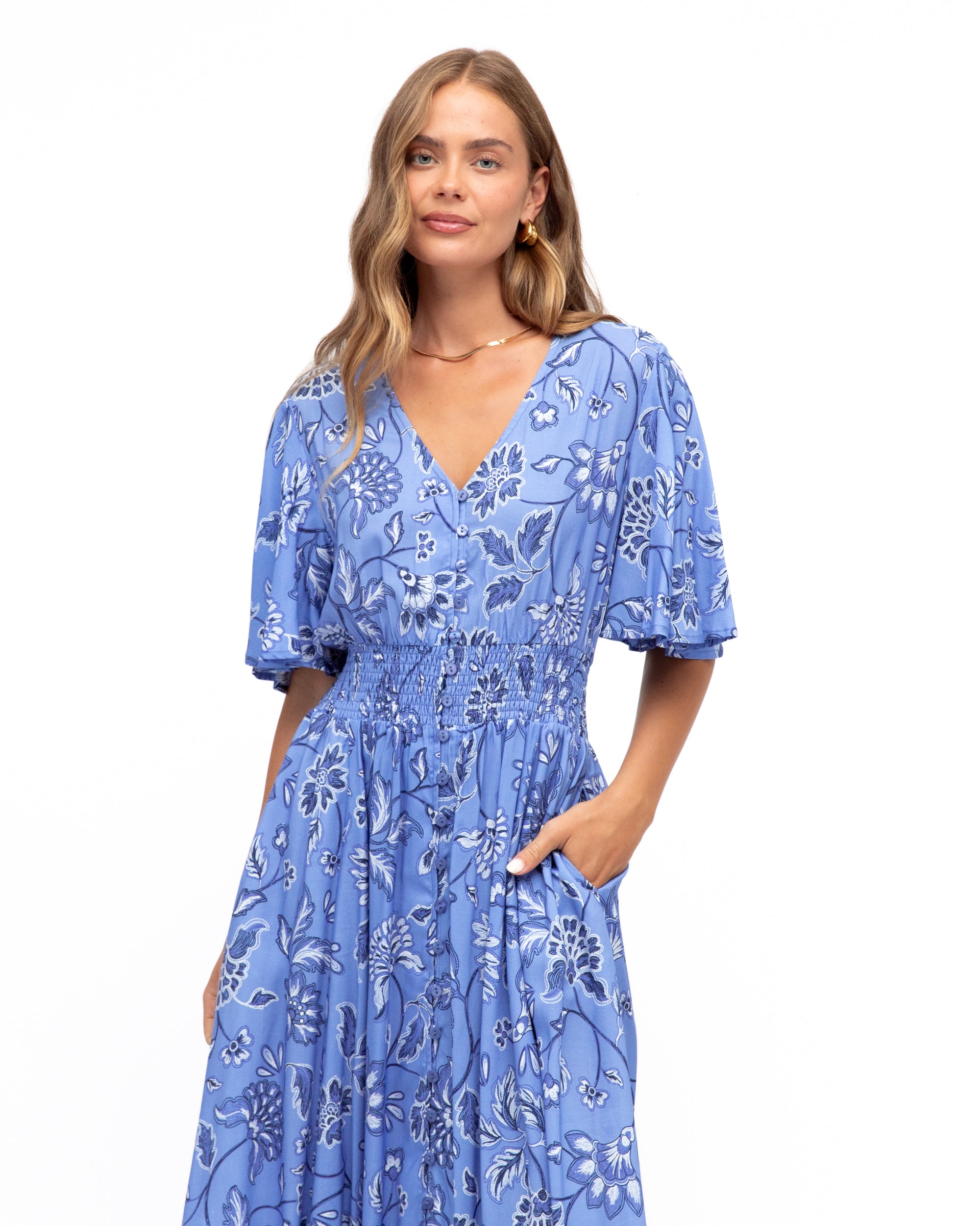 Blue and white maxi dress in floral print