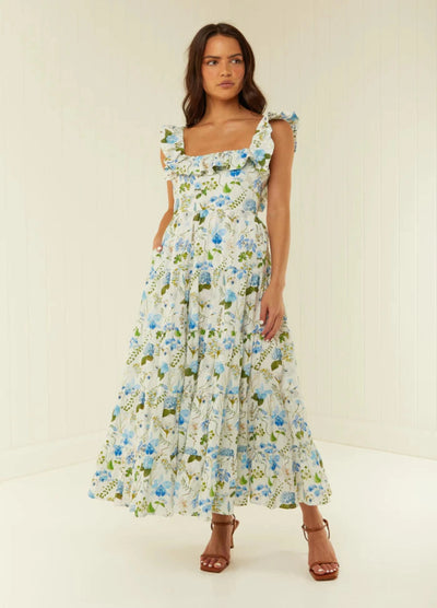 Floral print leon dress with ruffles at neckline