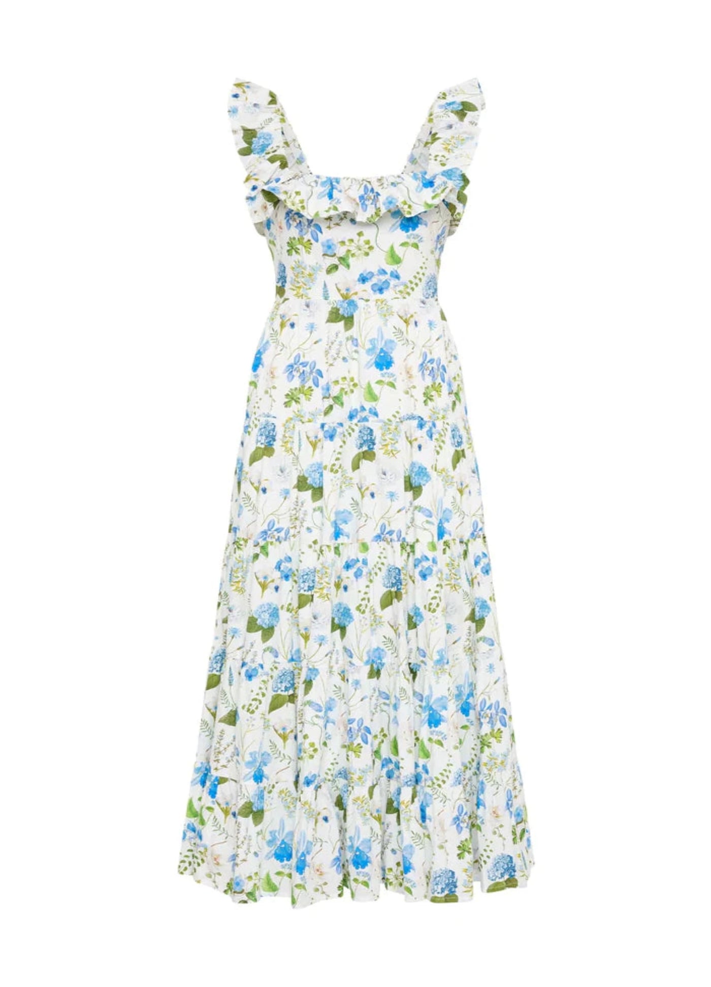Floral print leon dress with ruffles at neckline