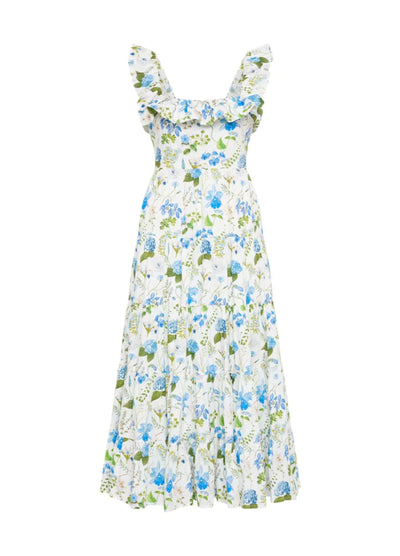 Floral print leon dress with ruffles at neckline