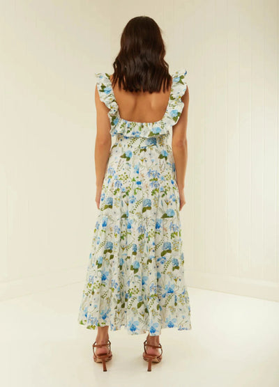 Floral print leon dress with ruffles at neckline