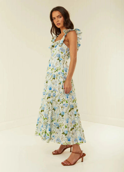 Floral print leon dress with ruffles at neckline