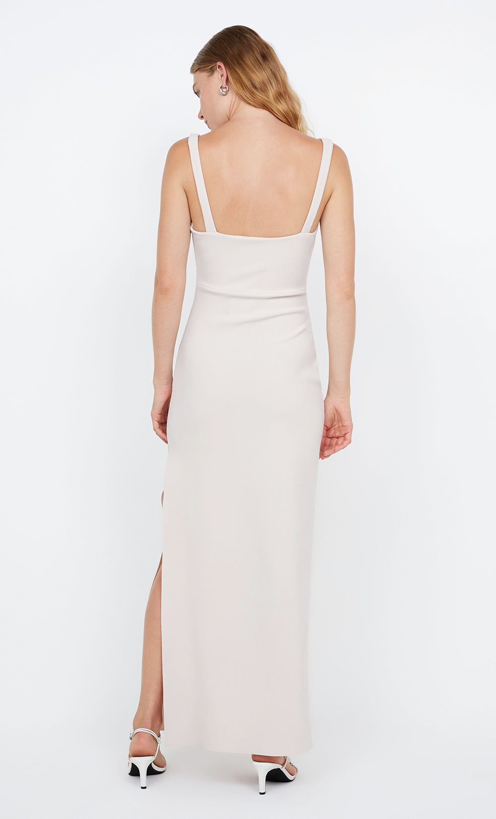 Square neck bonded crepe maxi dress with side split