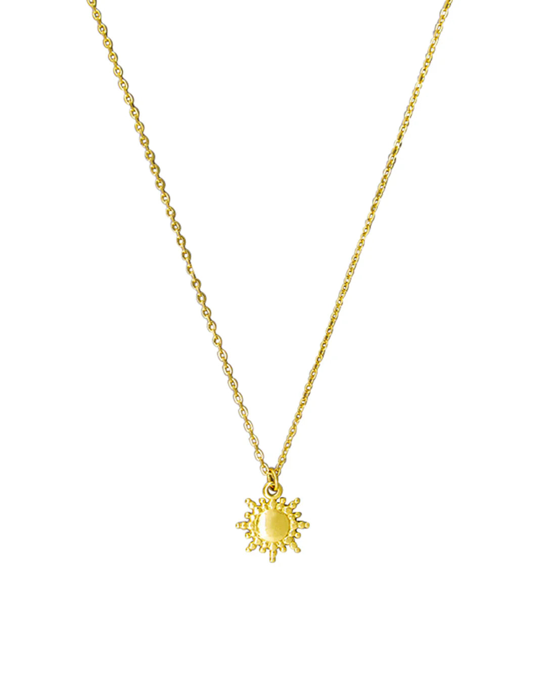 Gold necklace with a sun pendant on a white background