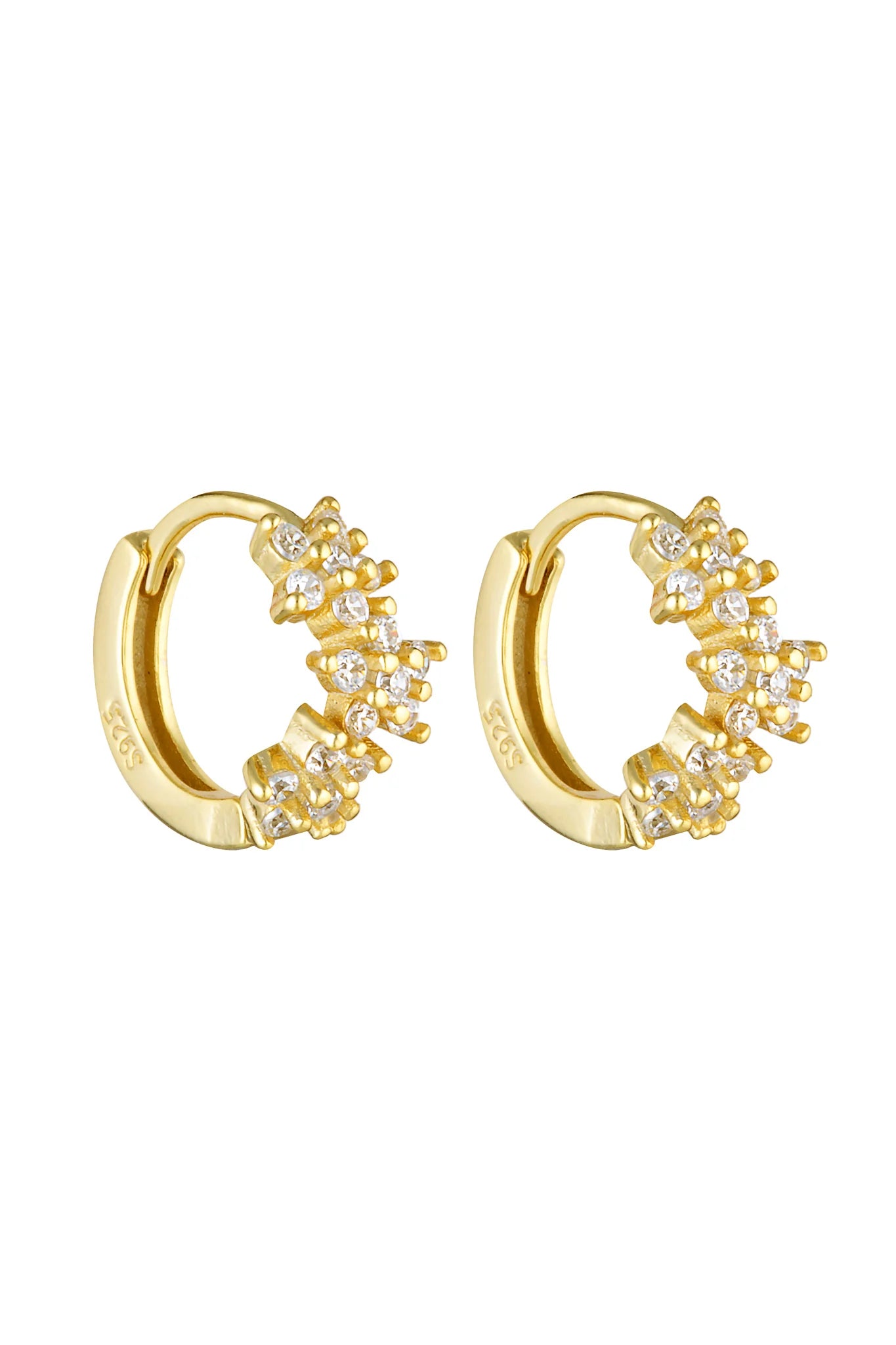 Gold hoop earrings with small diamonds on a white background