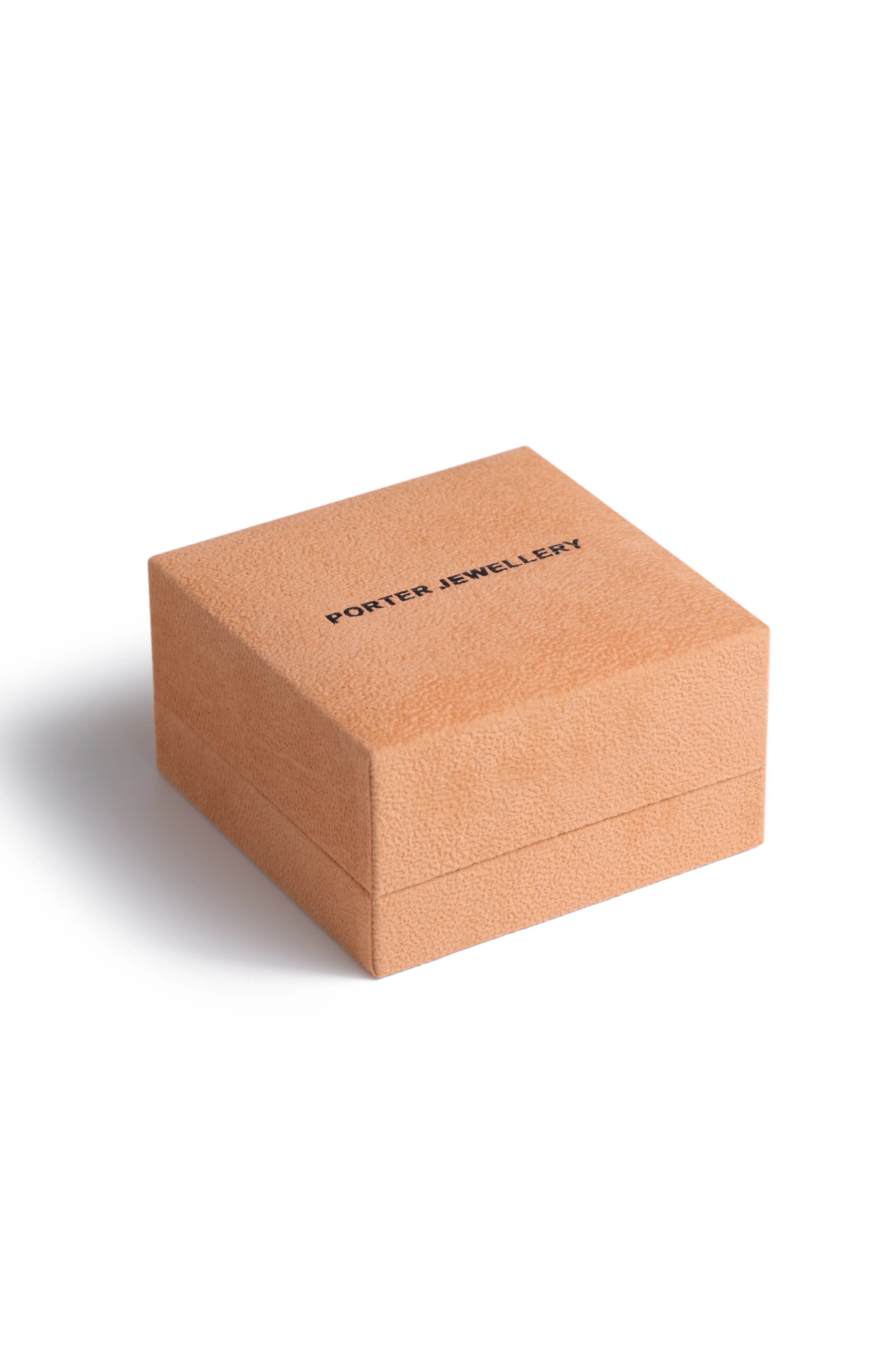 Brown jewelry box with 'Porter Jewellery' branding on a white background