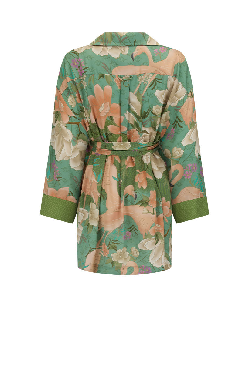 Floral patterned robe with a belt on a white background