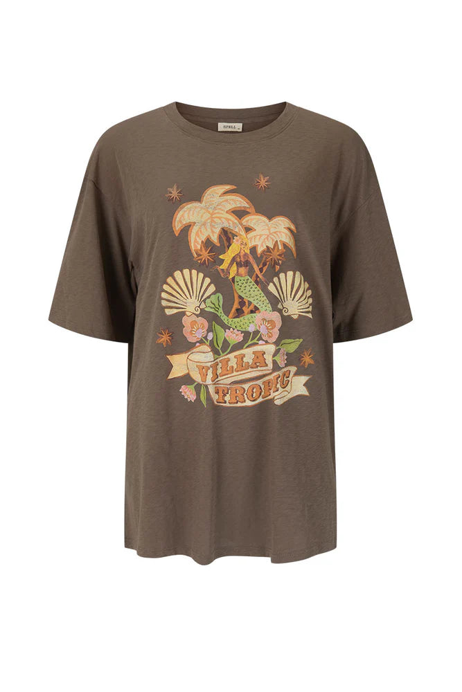 Brown t-shirt with tropical graphic design on a white background