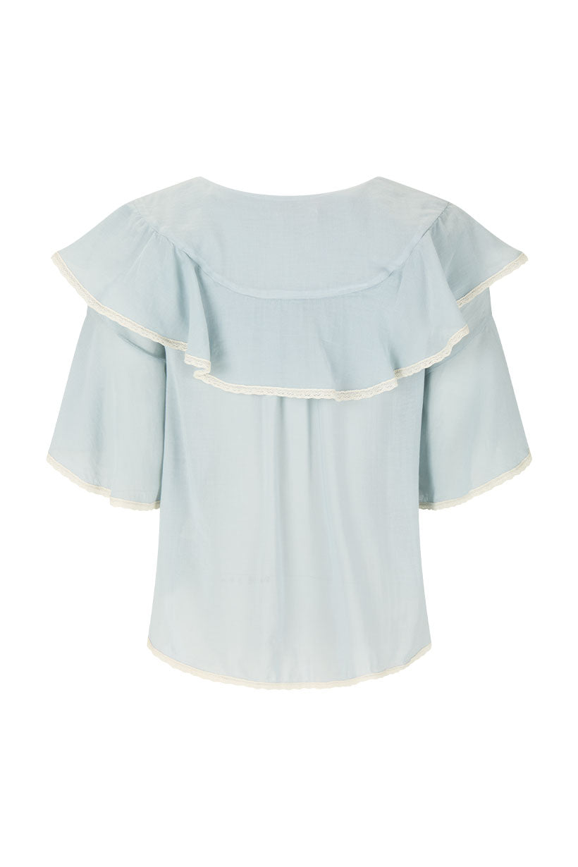 Light blue blouse with ruffled sleeves on a white background