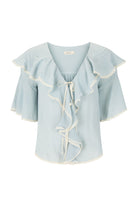 Light blue blouse with ruffled sleeves and neckline on a white background