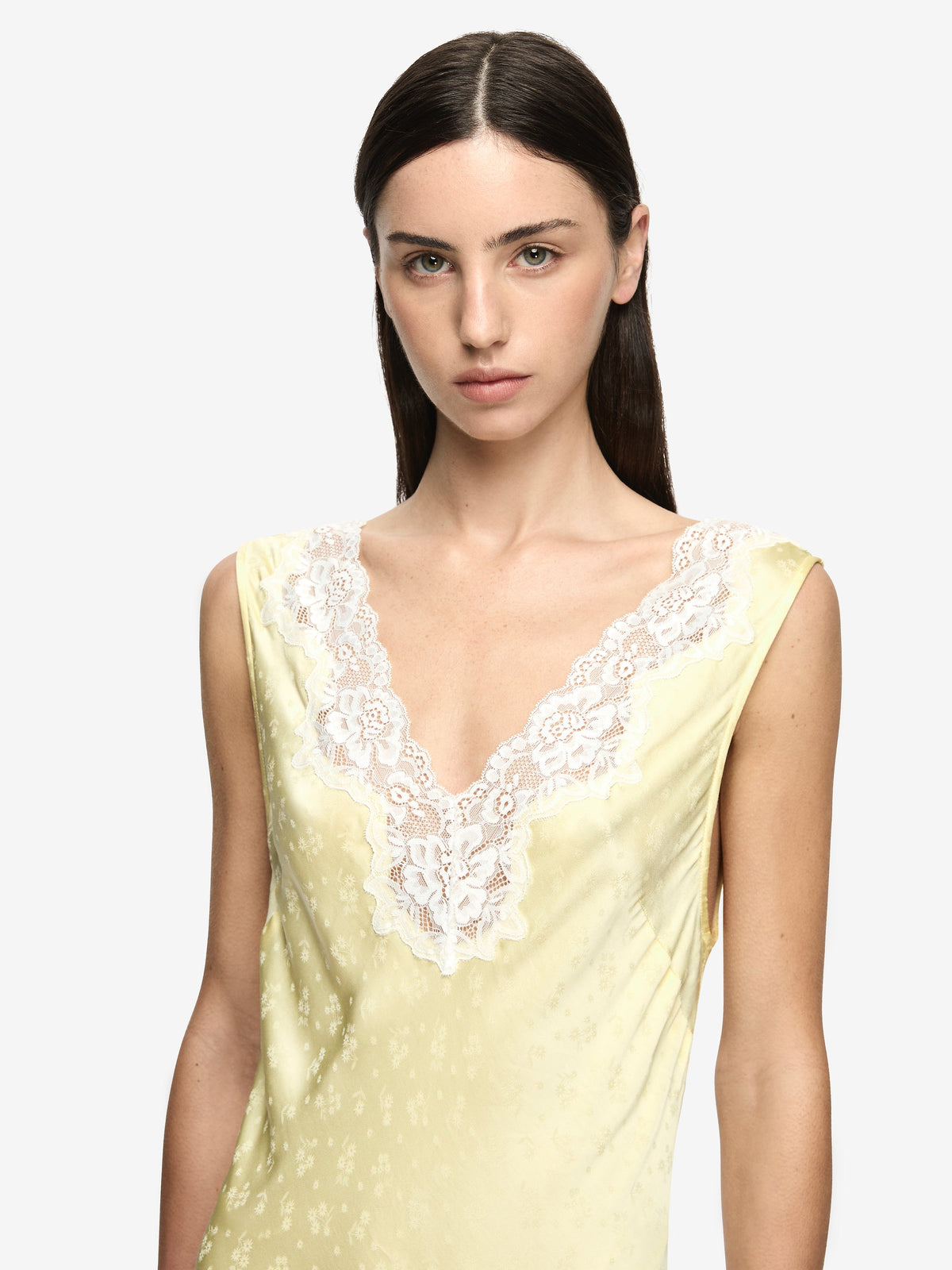 Bec + Bridge Zana Maxi Dress in Lemon Cream, V-neck slip maxi dress with ivory lace trim