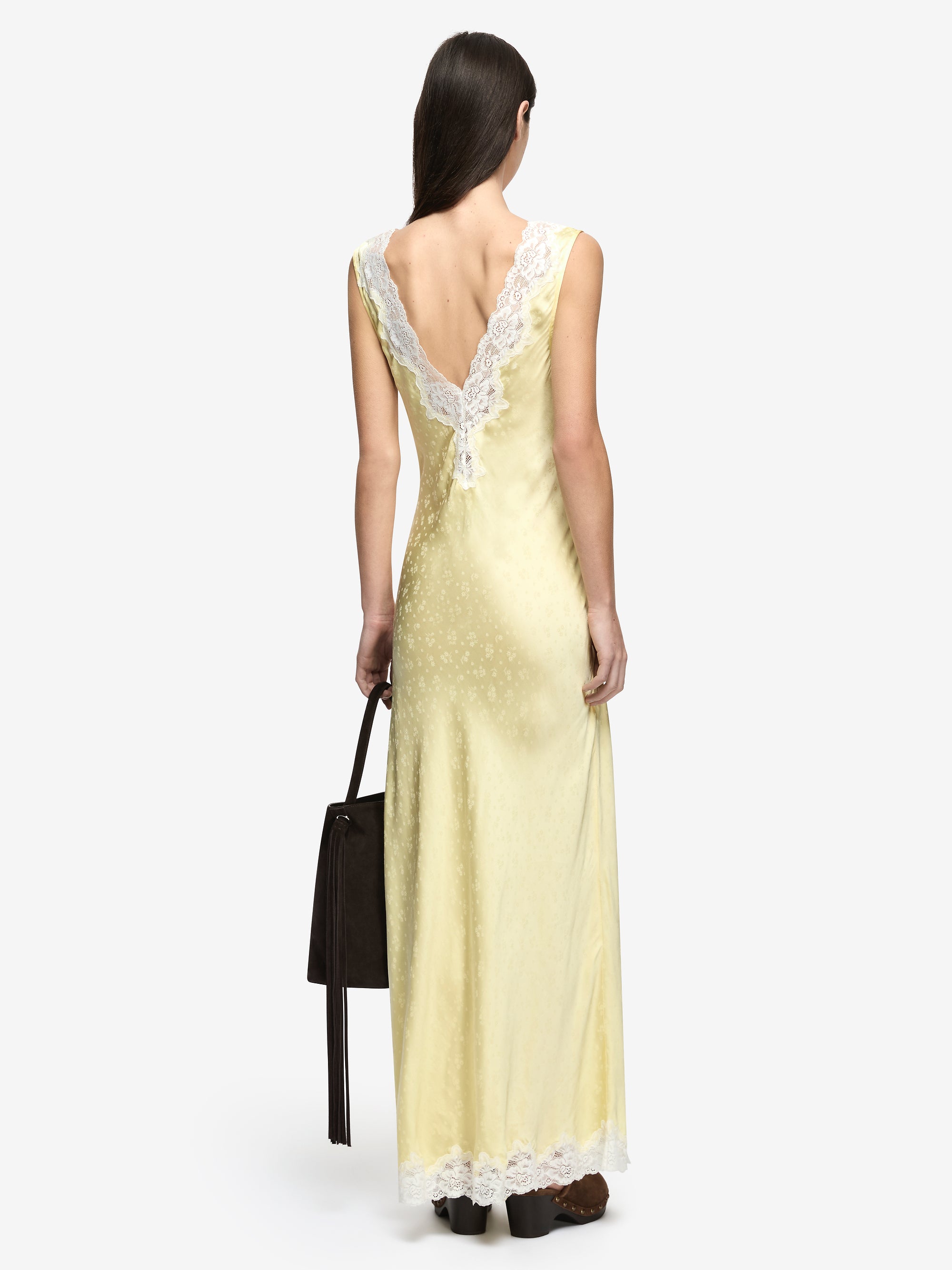 Bec + Bridge Zana Maxi Dress in Lemon Cream, V-neck slip maxi dress with ivory lace trim