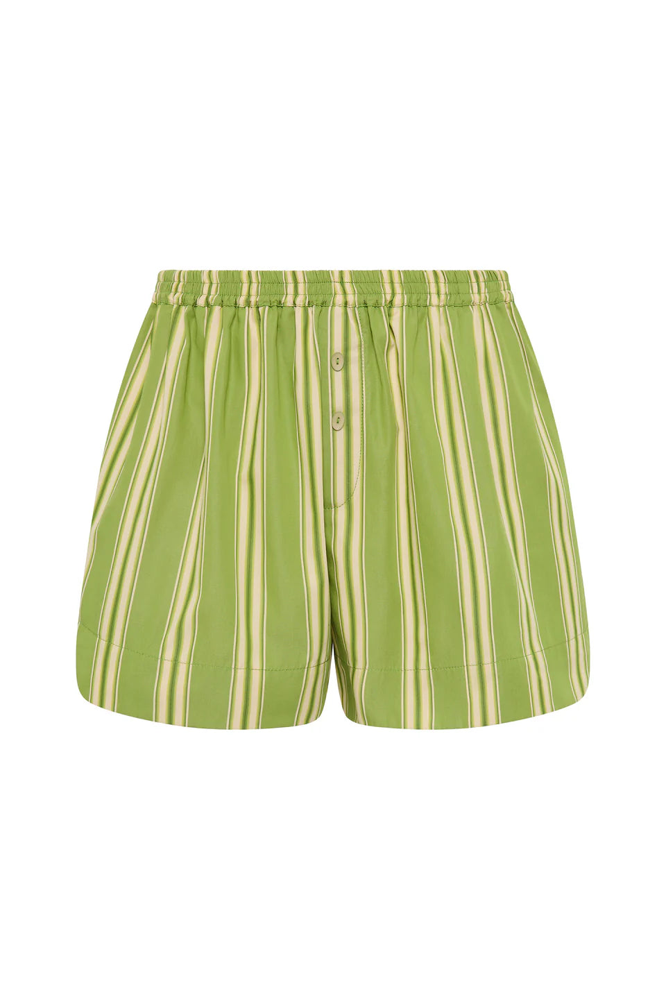 Green and beige striped shorts on a white background