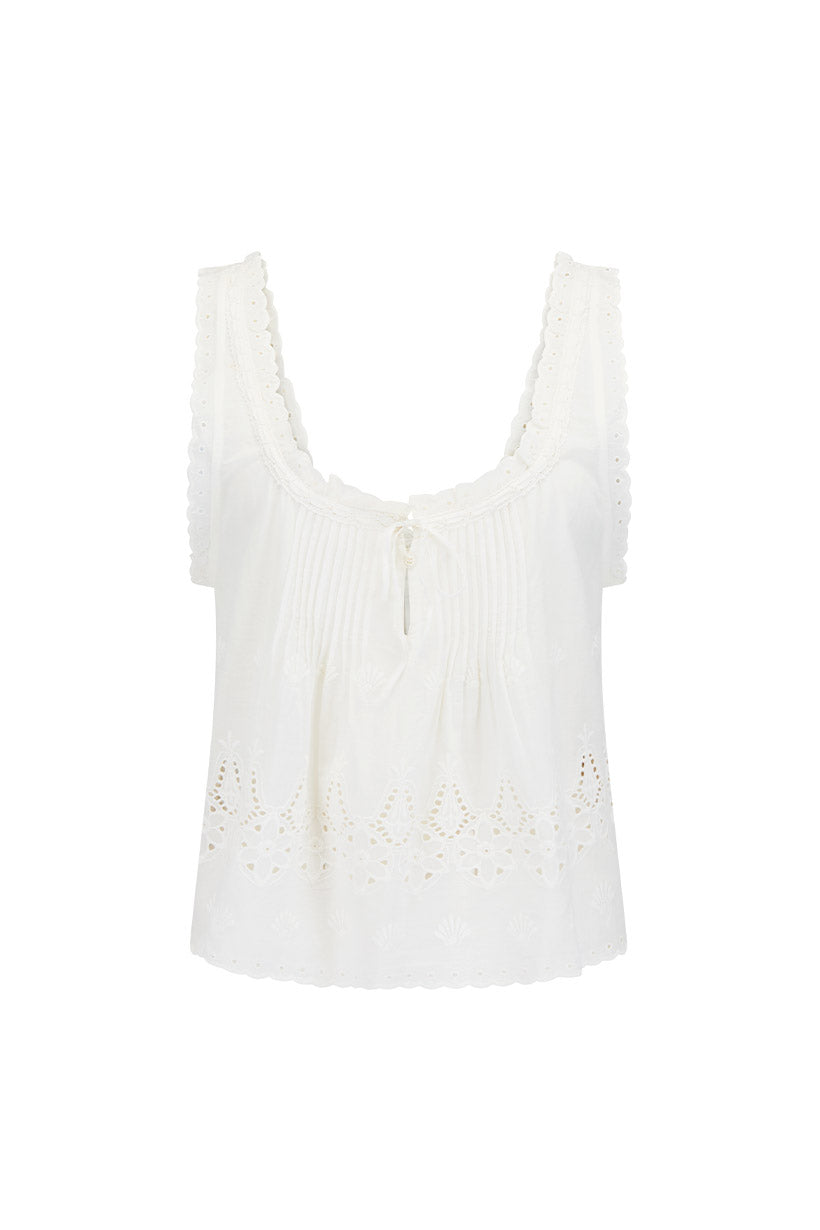 White sleeveless top with lace details on a white background
