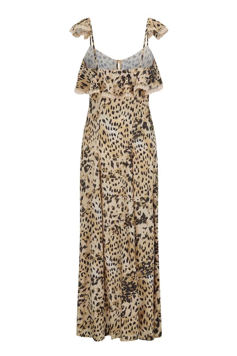 Leopard print dress with bow straps on a white background