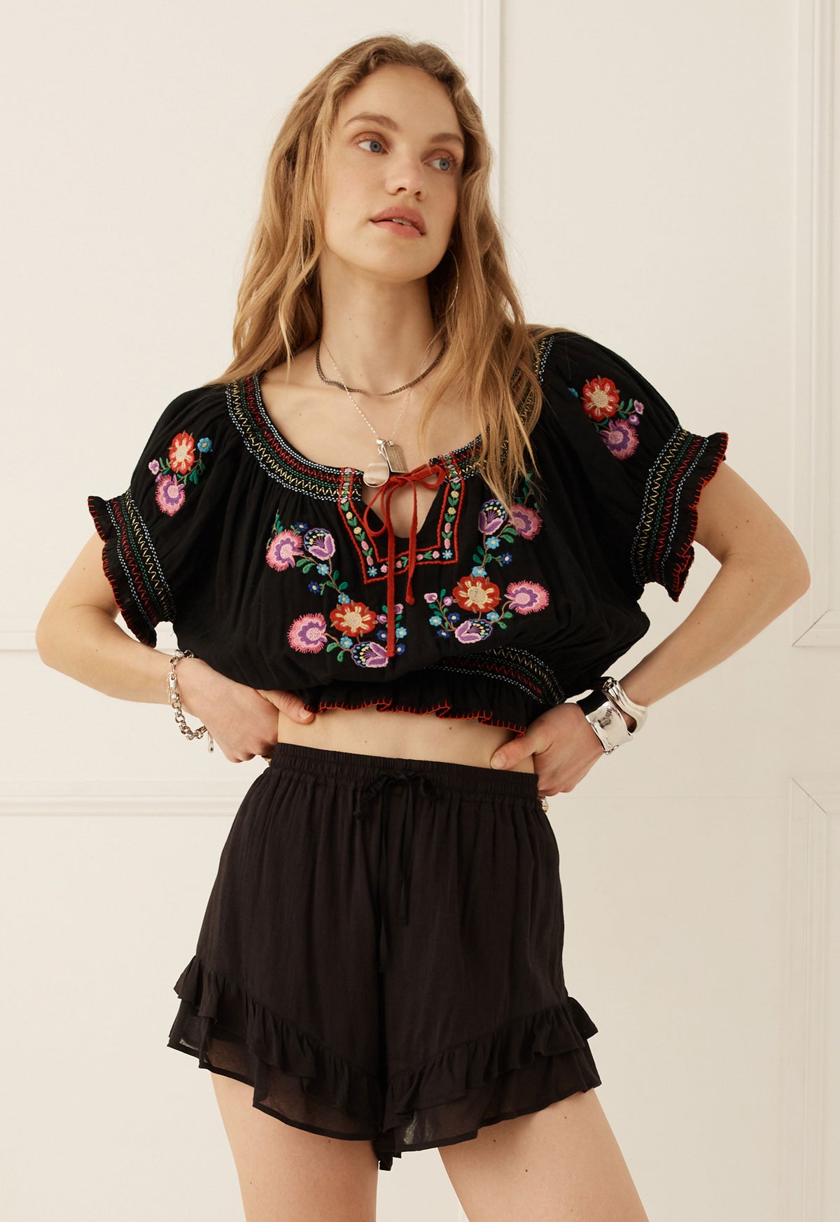 Spell Feliz Crop Blouse in Woodland Black