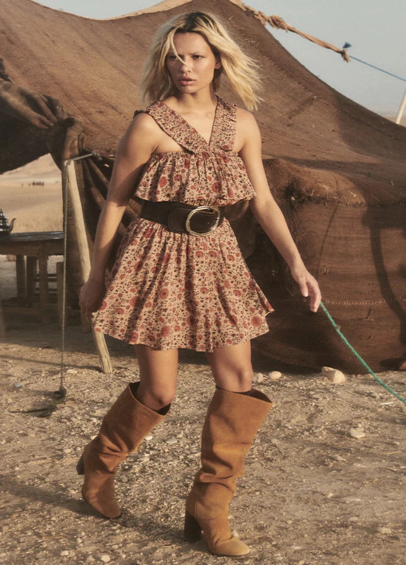 Model wearing the Lady Untamed Frill Tea Dress in Tea Leaf Print from Spell