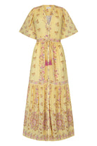 Yellow floral maxi dress with button through details and elasticated ties