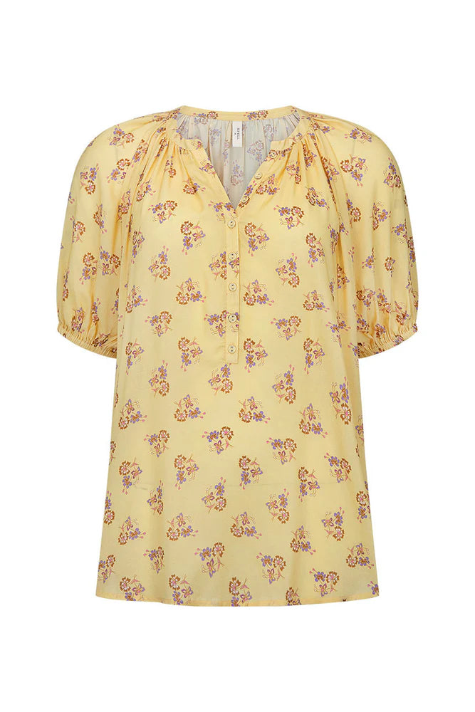 Yellow floral print blouse with button up front