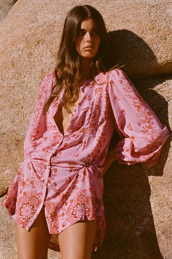 Pink Floral Tunic Dress with elasticated sleeve. 