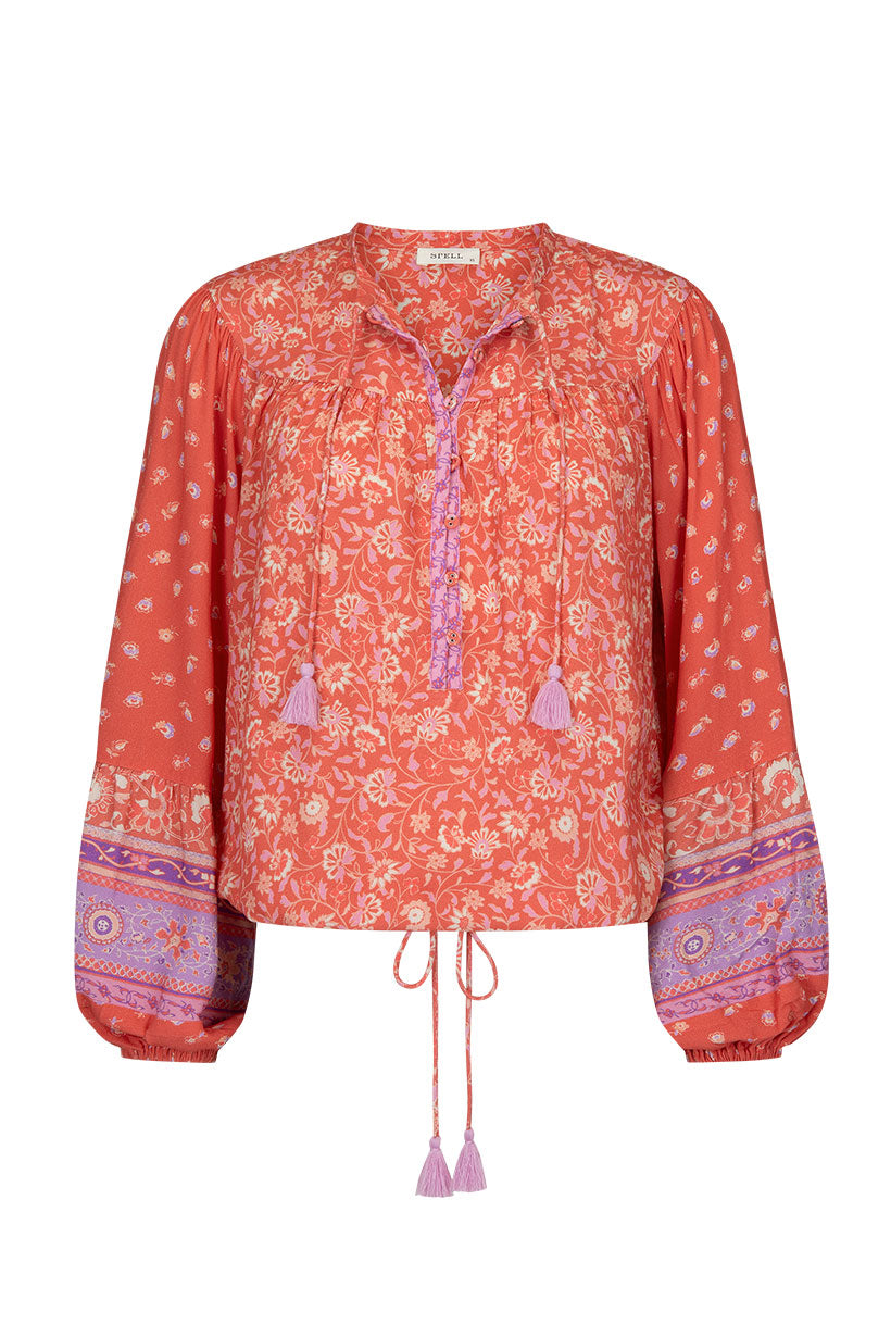 Sunshine Bandit Blouse in Cayenne with elasticated cuff and covered buttons