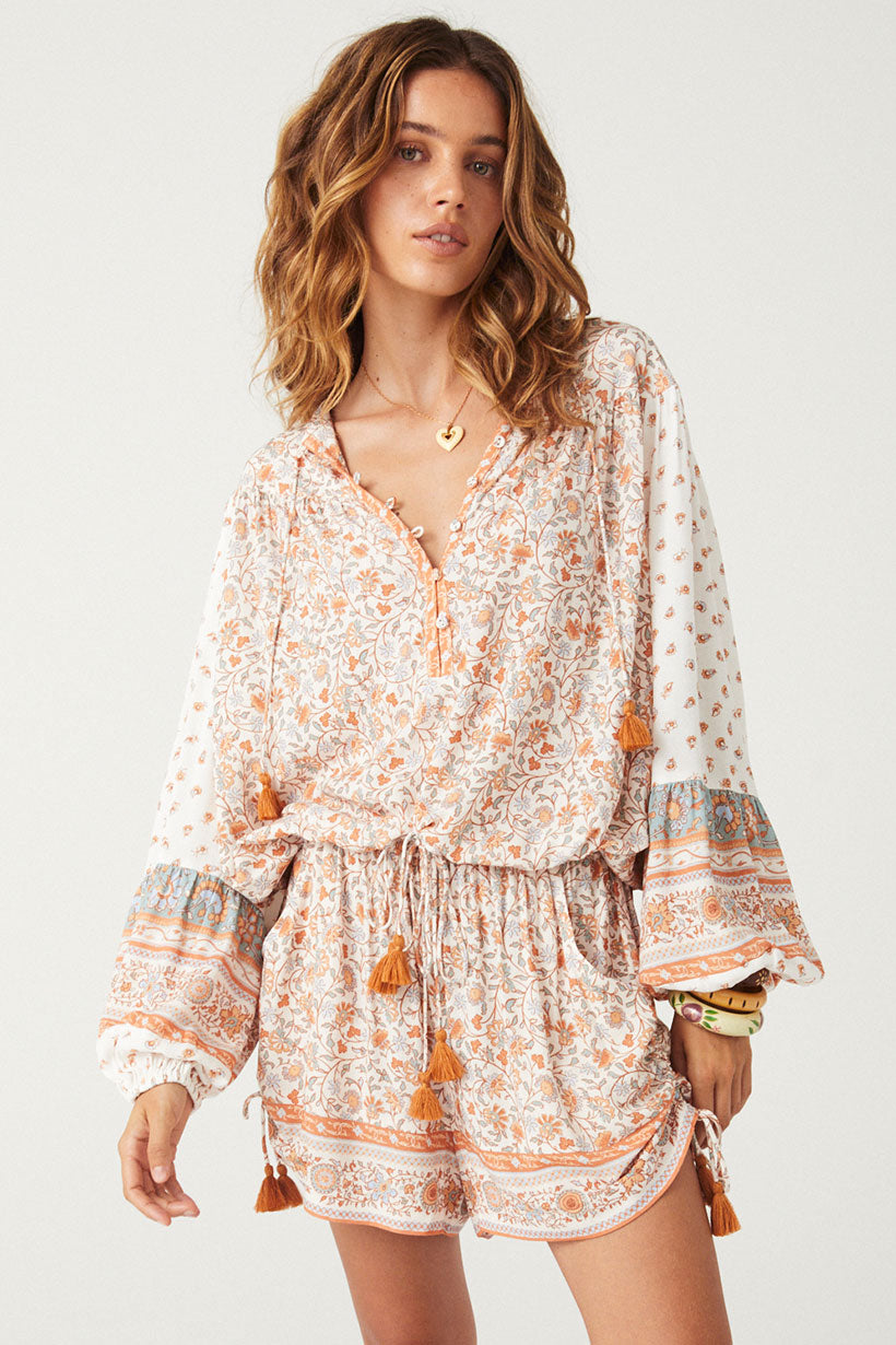 Sunshine Bandit Blouse in Desert Sage paired with blue wash jeans