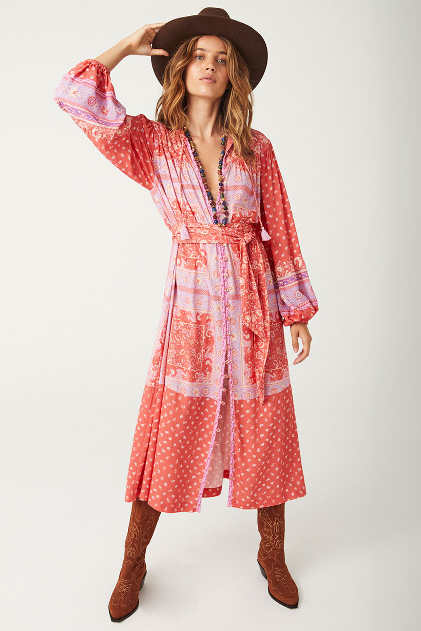 Printed Spell Sunshine Bandit Button Through Dress in cayenne red colourway