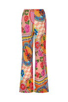 Colorful patterned pants with floral and decorative design on a white background