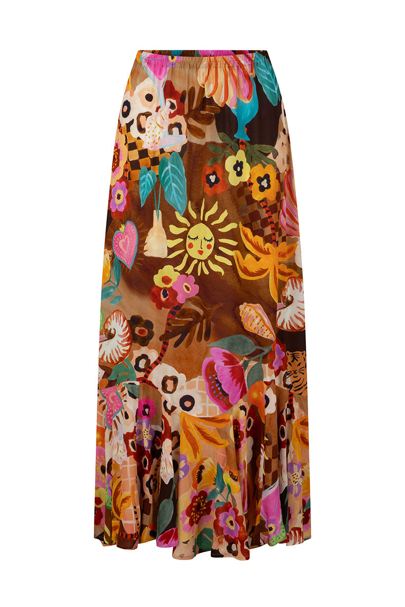 Colorful skirt with animal and floral pattern on a white background