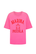 Pink t-shirt with 'MARINA PICCOLA' text on a white background