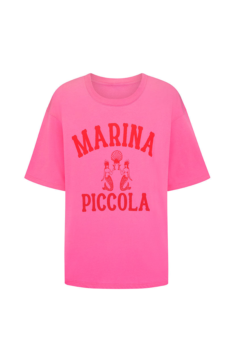 Pink t-shirt with 'MARINA PICCOLA' text on a white background