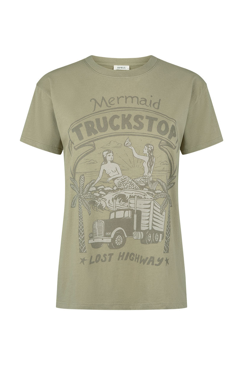 Khaki t-shirt with graphic design on a white background