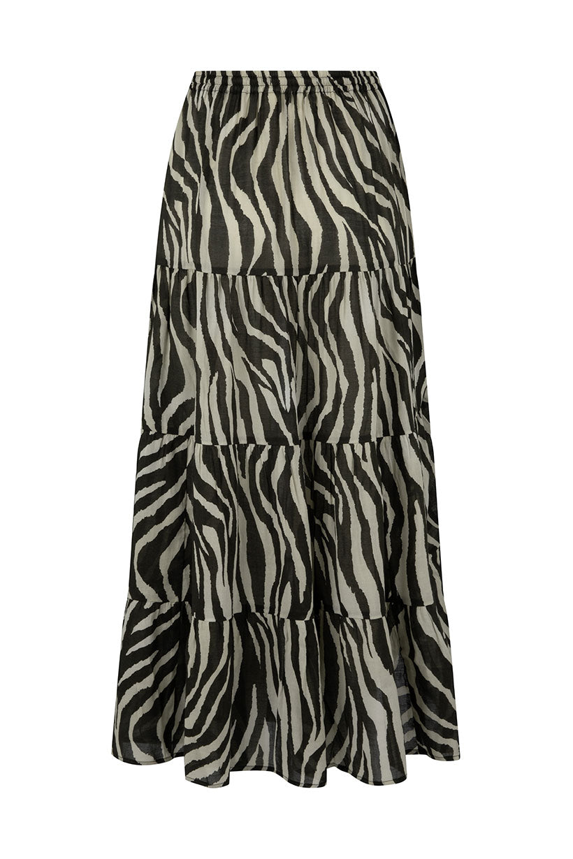 Zebra print tiered skirt on a white background
