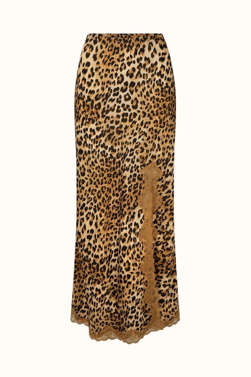Leopard print skirt with a slit on a white background